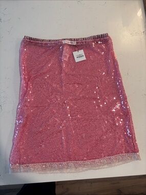 NWT Hand Over Pink Sequin Mini Skirt with Lace Hem